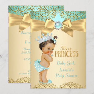 Prinsessa Baby Shower Teal Guld Damast Inbjudningar