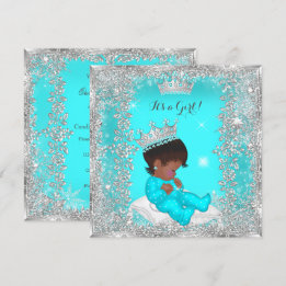 Prinsessa Baby Shower Teal Silver Afroamerikansk Inbjudningar