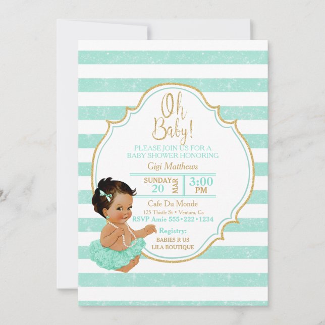 Prinsessa Babyflicka Mint Tutu Ränder Guld Glitter Inbjudningar (Framsida)
