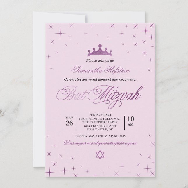 Prinsessa Bat Mitzvah-inbjudan Royal Crown Inbjudningar (Framsida)