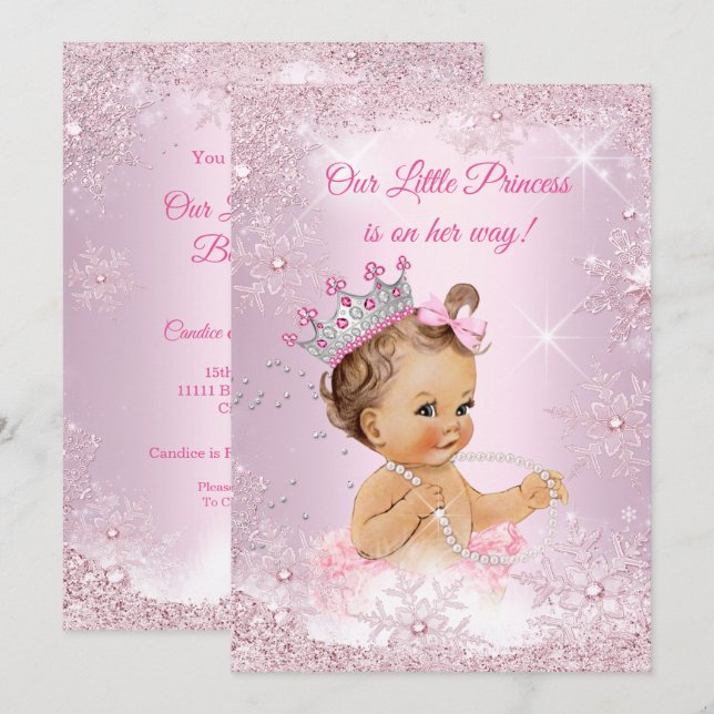 Prinsessa Bebis Baby Shower Rosa Snöflinga Vinter Inbjudningar (Fram/baksida)