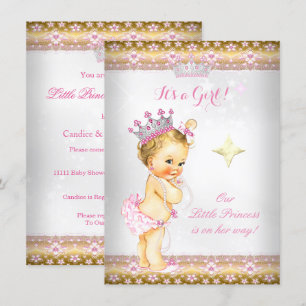 Prinsessa Bebis Baby Shower Rosa Vitt Guld Tiara B Inbjudningar