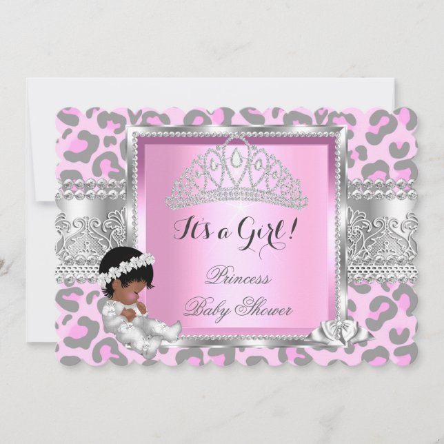 Prinsessa Bebis Badrum Flicka Rosa Grå Leopard 4 Inbjudningar (Framsida)