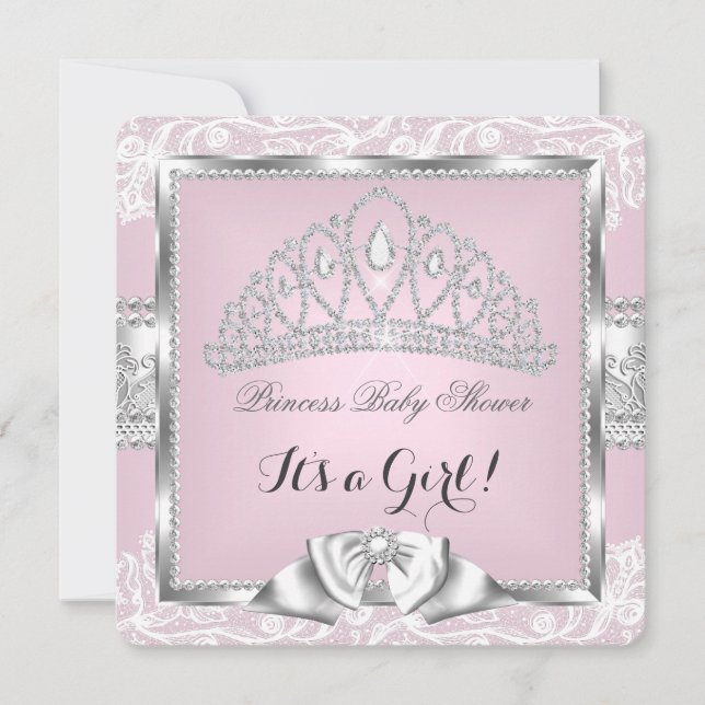 Prinsessa Bebis Badrum Flicka Rosa Silver Spets 4 Inbjudningar (Framsida)