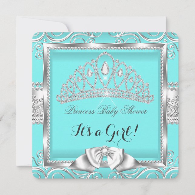 Prinsessa Bebis Badrum Flicka Teal Silver damast Inbjudningar (Framsida)