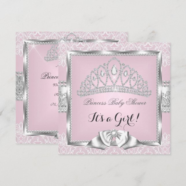 Prinsessa Bebis Badrum Flickan Rosa Silver Spets 3 Inbjudningar (Fram/baksida)