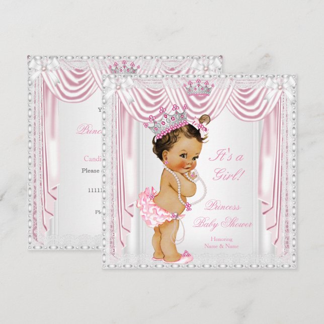 Prinsessa Bebis Badrumsfest Rosa Satin Spets Medel Inbjudningar (Fram/baksida)
