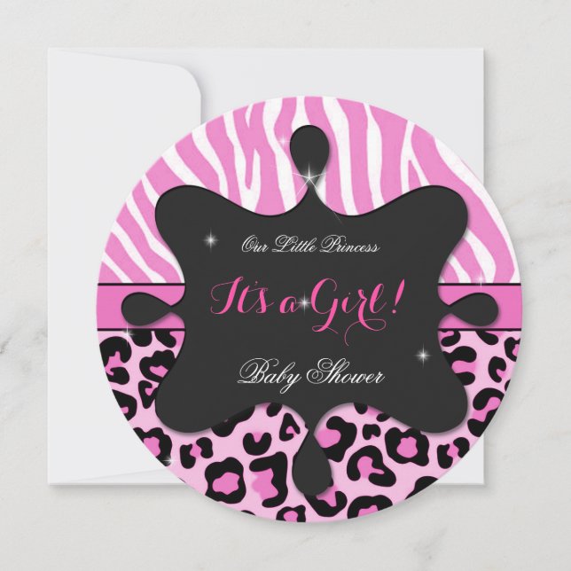 Prinsessa Bebis Dusj Flick Pink Leopard Zebra 2 Inbjudningar (Framsida)