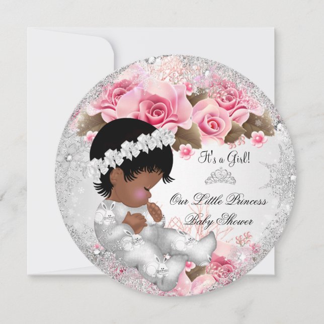Prinsessa Bebisdusch Flicka Rosa Snöflinga Rosor R Inbjudningar (Framsida)