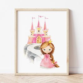 Prinsessa, Brunt Hår, Slott, Krona, Flickors Barnk Poster