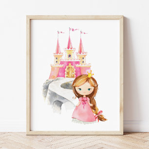 Prinsessa, Brunt hår, Slott, Krona, Flickors barnk Poster