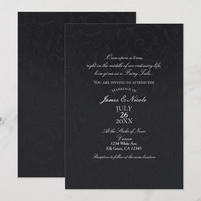 Prinsessa Damask Svart Elegant Sagobok Bröllop Inbjudningar (Fram/baksida)