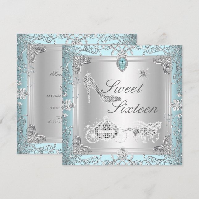 Prinsessa Elegant Diamant Blå Sweet 16 Sexton Inbjudningar (Fram/baksida)