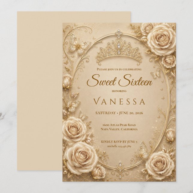 Prinsessa fjärilar sweet 16 inbjudan (Fram/baksida)