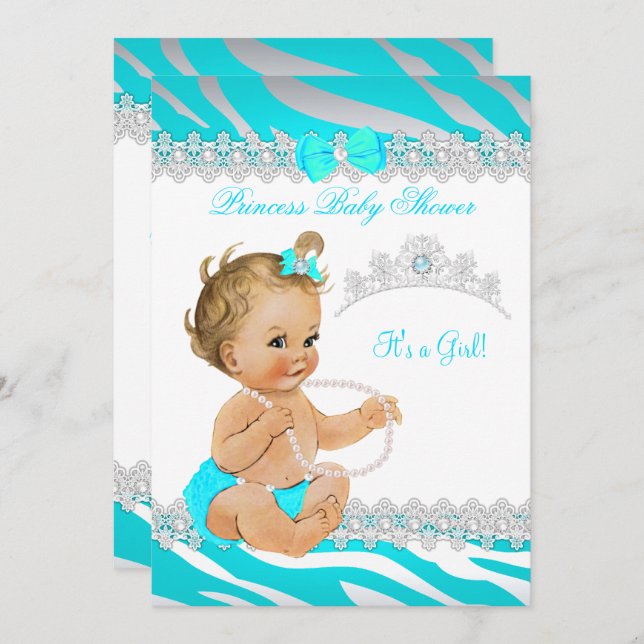 Prinsessa Flicka Baby Shower Teal Sebra Blond Inbjudningar (Fram/baksida)