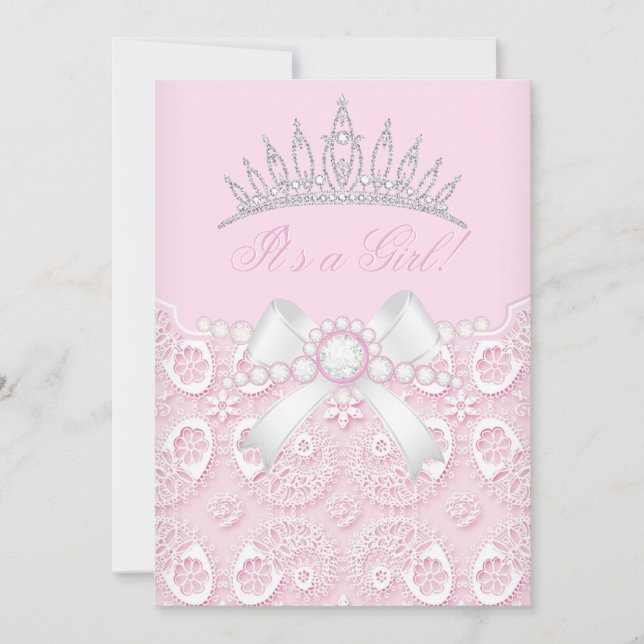 Prinsessa Flicka Bebis Badrum Rosa Spets diamant V Inbjudningar (Framsida)