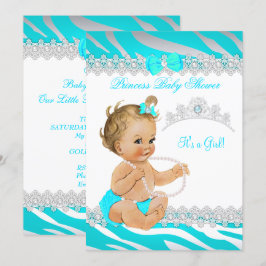 Prinsessa Flicka Bebis Badrumsfirande Teal Zebra B Inbjudningar