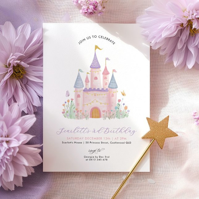 Prinsessa Födelsedag Elegant Slott Förtrollad Flic Inbjudningar (Princess Castle Girls Birthday Invitation | Pastel Enchanted Castle )