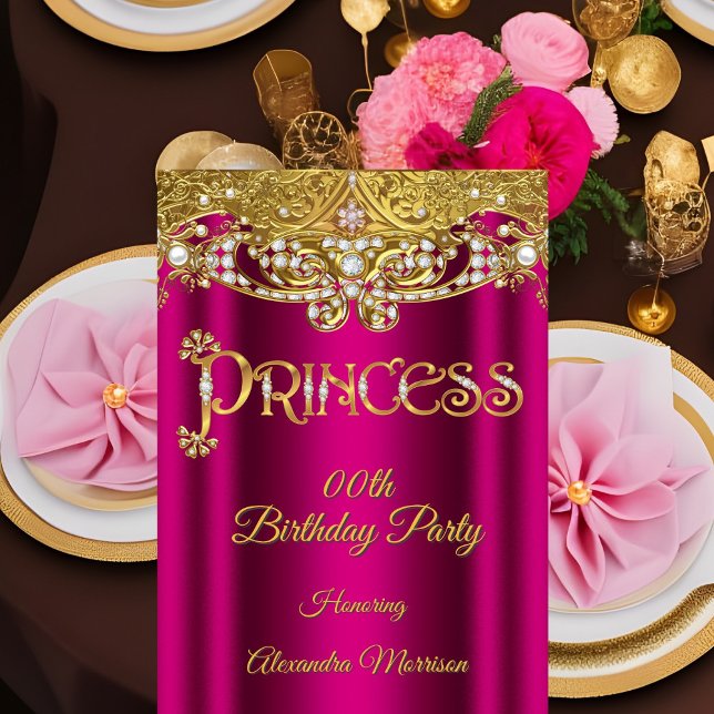 Prinsessa födelsedag Ljust rosa Diamant Guld Pärlo Inbjudningar (Skapare uppladdad)