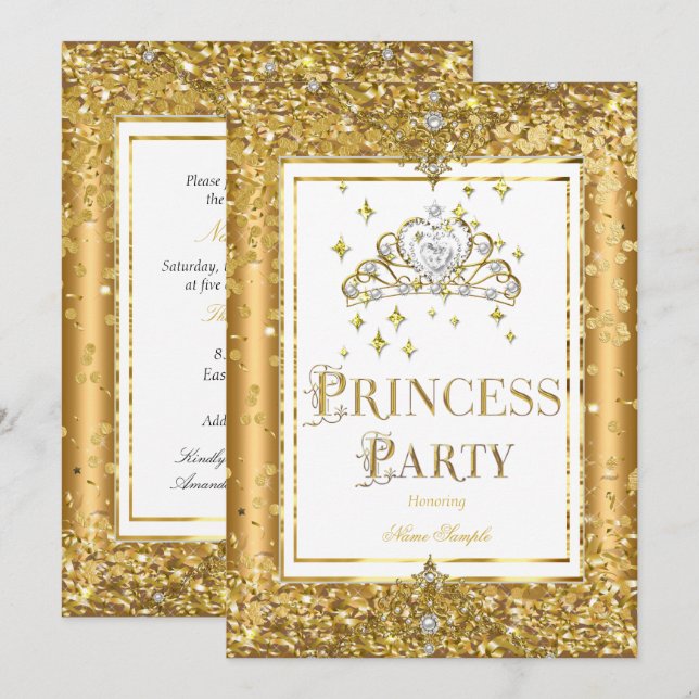 Prinsessa Födelsedagsfirande Guld konfetti Tiara Inbjudningar (Fram/baksida)