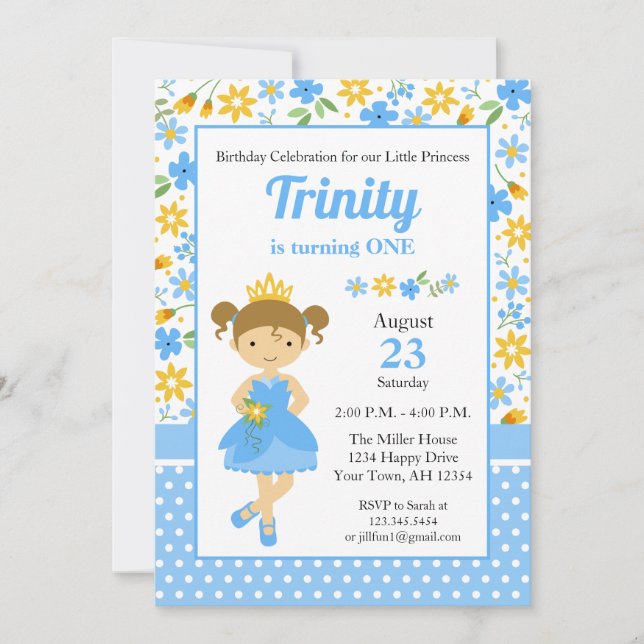 Prinsessa födelsedagsinbjudan, prinsessparty inbjudningar (Framsida)
