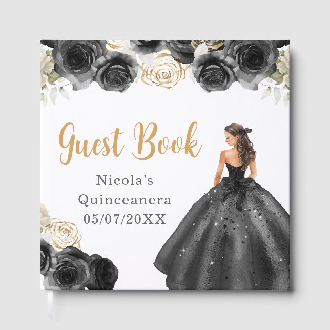 Prinsessa i svart klänning Quinceanera gästbok (Framsida)