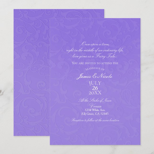 Prinsessa Lila Damask Sagobok Elegant Bröllop Inbjudningar (Fram/baksida)