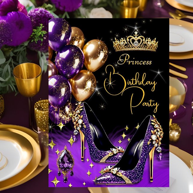 Prinsessa Lila Glitter Höga Klackar Tiara Födelsed Inbjudningar (Skapare uppladdad)