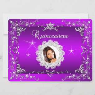 Prinsessa lila magenta Quinceanera silvertiara Inbjudningar