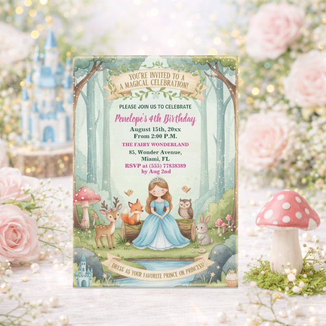 Prinsessa med skogsdjur 4-års födelsedagsfest inbjudningar (Skapare uppladdad)