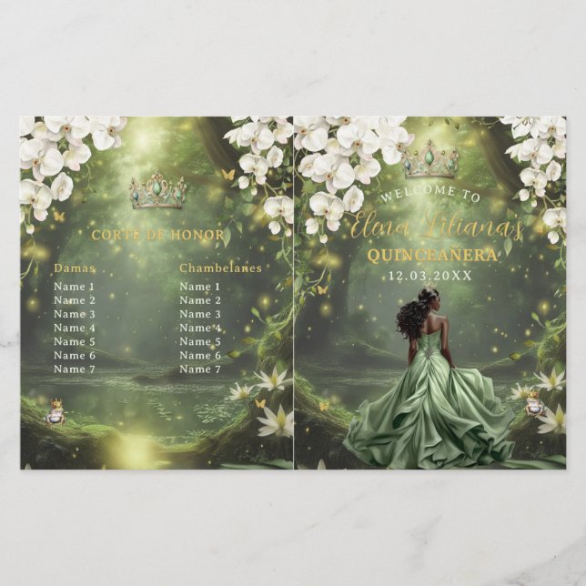 Prinsessa och Groda Sage Grön Quinceanera Program (Framsida)
