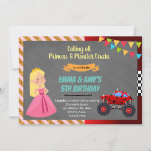 Prinsessa och monstertruck gemensam fest inbjudan