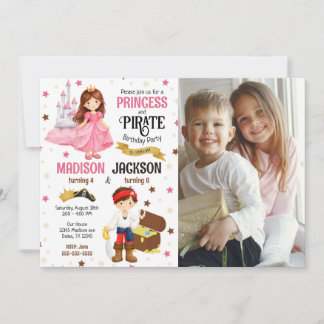 Prinsessa och Pirat Foto Syskon Födelsedagsfirande Inbjudningar