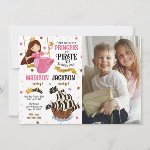 Prinsessa och Pirat Foto Syskon Födelsedagsfirande Inbjudningar