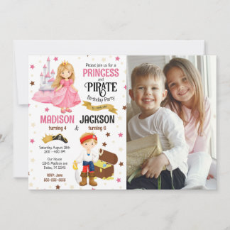 Prinsessa och Pirat Foto Syskon Födelsedagsfirande Inbjudningar