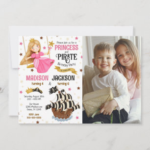 Prinsessa och Pirat Foto Syskon Födelsedagsfirande Inbjudningar