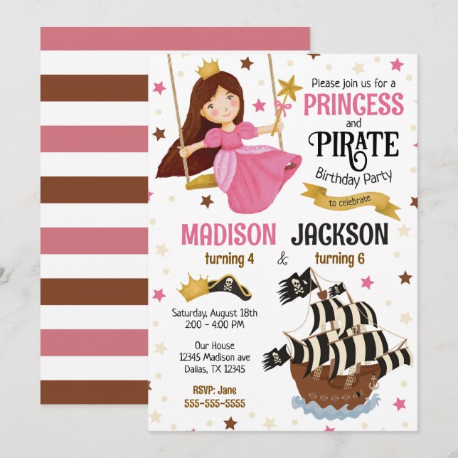 Prinsessa och Pirat-syskon Födelsedagsfirande  Inbjudningar (Fram/baksida)