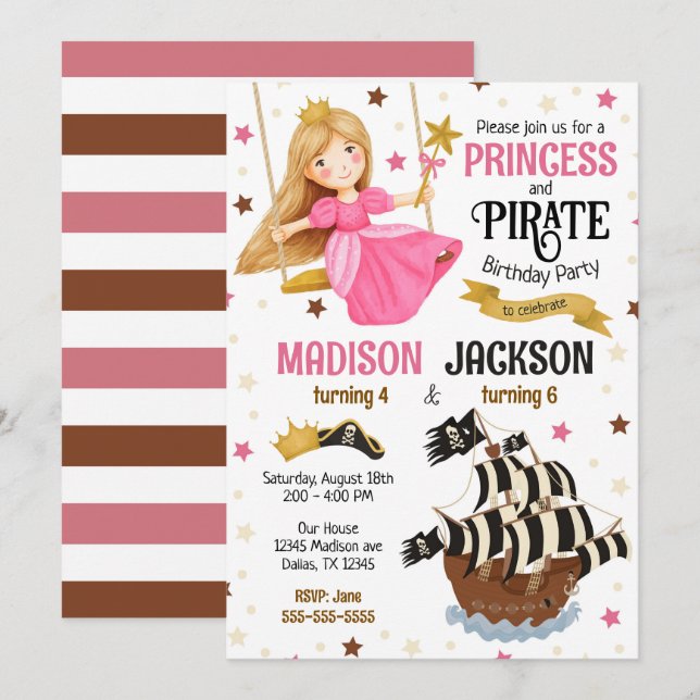 Prinsessa och Pirat-syskon Födelsedagsfirande  Inbjudningar (Fram/baksida)