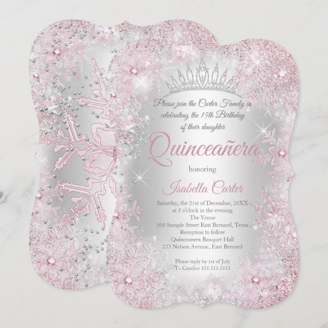Prinsessa Quinceanera 15-års Blush Rosa Silver Fes Inbjudningar (Fram/baksida)