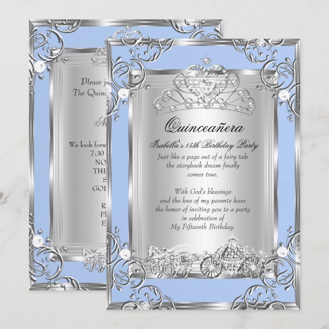 Prinsessa Quinceanera 15-årsdag Blå Silver Inbjudningar (Fram/baksida)