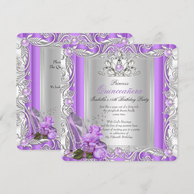 Prinsessa Quinceanera 15-årsdag Lila Ros Inbjudningar (Fram/baksida)