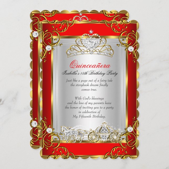 Prinsessa Quinceanera 15-årsdag Röd Inbjudningar (Fram/baksida)