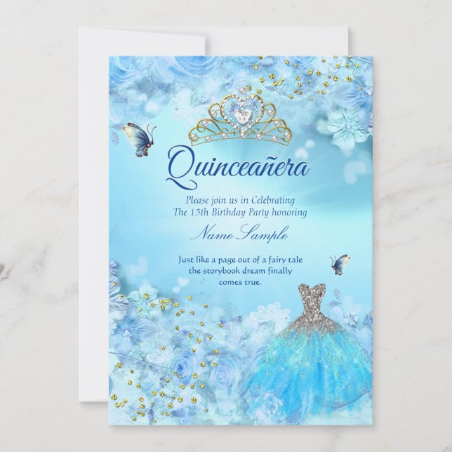 Prinsessa Quinceanera askunge blå blomklänning Inbjudningar (Framsida)