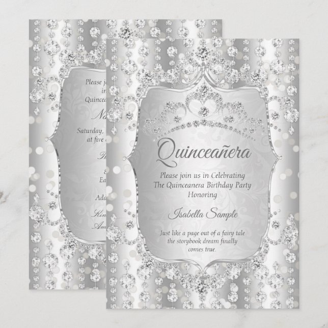 Prinsessa Quinceanera diamant silver vit tiara Inbjudningar (Fram/baksida)