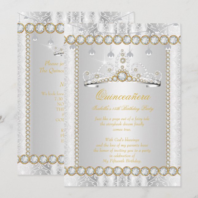 Prinsessa Quinceanera Diamant Spets Guld Silver Inbjudningar (Fram/baksida)