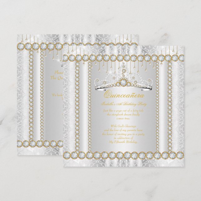 Prinsessa Quinceanera Diamant Spets Guld Vit Inbjudningar (Fram/baksida)
