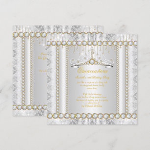 Prinsessa Quinceanera Diamant Spets Guld Vit Inbjudningar