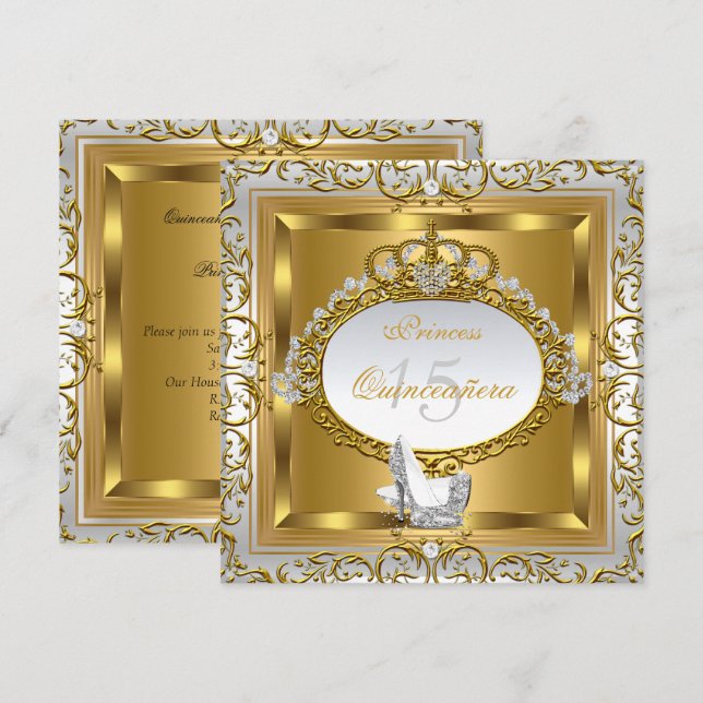 Prinsessa Quinceanera Elite Eleganta Guld Höga Kla Inbjudningar (Fram/baksida)