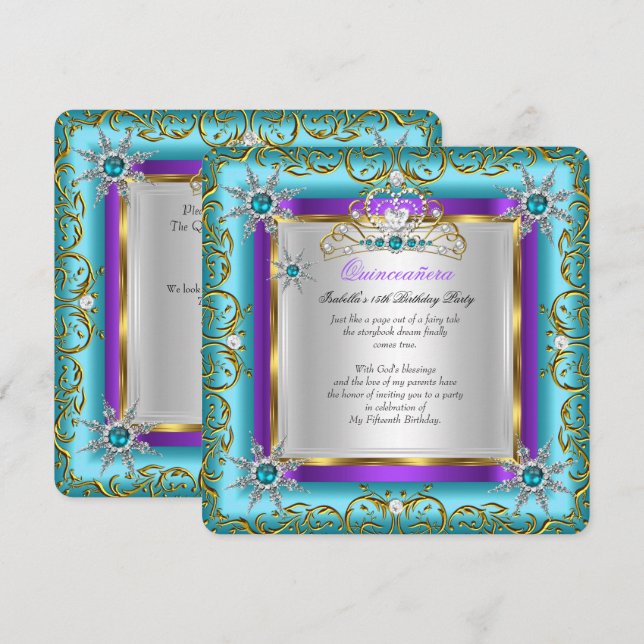 Prinsessa Quinceanera Elite Guld Silver Teal Lila Inbjudningar (Fram/baksida)