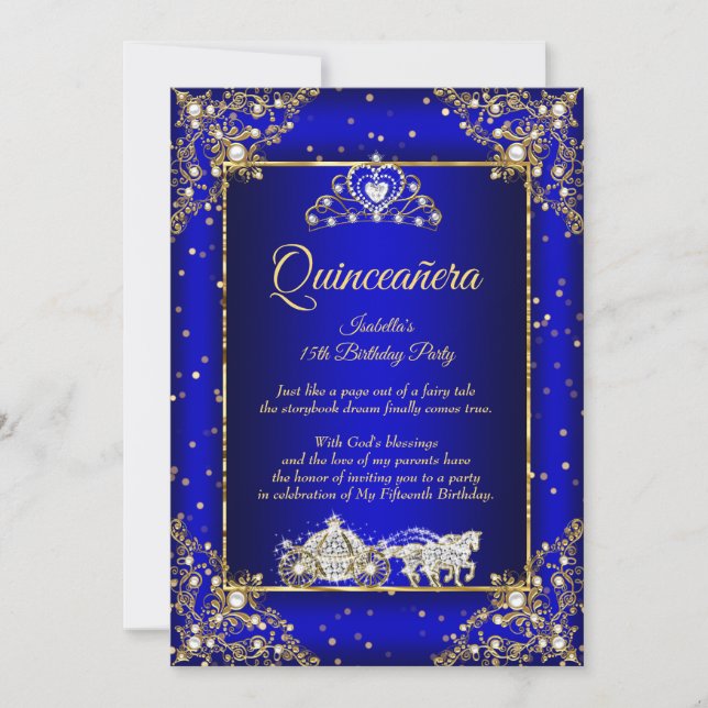 Prinsessa Quinceanera Elite Royalblå Guldglitter Inbjudningar (Framsida)